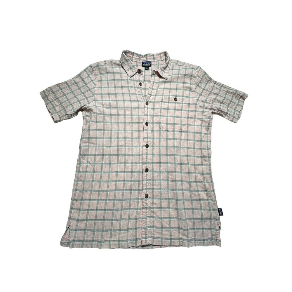Patagonia Mens Shirt Size Large Pink Green Medium Plaid 100% Organic Cotton IJ12